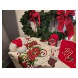 Christmas wreathes, stockings, table cloth