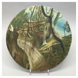 Folk art landscape on round wooden slab
