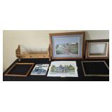 Frames, Prints, Wood Shelving, Metal Sign
