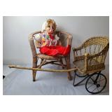 Wicker Doll Carriage, Doll Chair & Vogue Doll