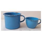 2 Blue Enamelware Coffee Mugs, Vintage