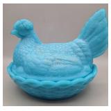 "Hen On A Nest" Blue Milk Glass Covered Dish