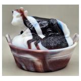 "Cow On A Nest" Slag Glass Covered Dish