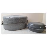 2 Gray Graniteware Oval Roaster Pans w/Lids