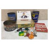 Vtg Coffee Tins, Cigar Box & Key Chains