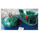 Lefton Hollyberry Round Candy Dish & Sleigh