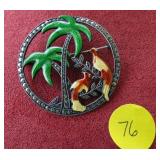 Sterling Uncas Enamel Marcasite Brooch 12.2g
