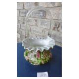 Fenton Vasa Murrhina Rose Green Basket 8"