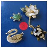 Vintage Brooch Lot Turtle Swan Flower
