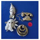 4 Vintage Brooches Clown Telephone