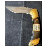 Trophy Stag Damascus Folding Blade Knife