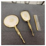 Gold tone Vanity  Mirror, Brush and Comb