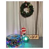 Christmas Wreath, Lights and Believe Sign
