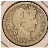 1908-D Barber Silver Quarter