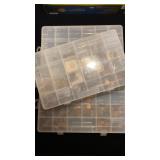 4 Plastic divided containers with pennies