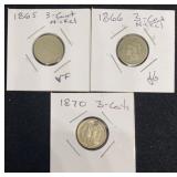 1865, 1866 & 1870 3-Cents
