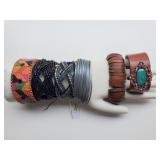 Bracelets, leather, wood, beads