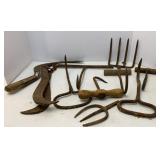 Antique Hay Hooks, Hand Scythe, Gig & Ice Tongs