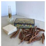 Metal Candy Tin, Oil Lamp, Coasters & Wisteria