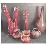 Lot of Red Glass Vases, Candle Holders, & Creamer