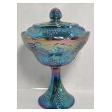 Blue Harvest Iridescent Pedestal Bowl with Lid
