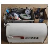 Lot w/ Mailbox & Boxes of  Bungee Straps, Pipes,