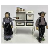 Vtg. Cast Iron Couple Figurines and Wooden Range