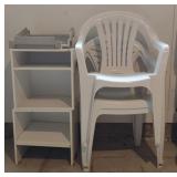 Plastic Outdoor Chairs & Stacked Wood Shelving,