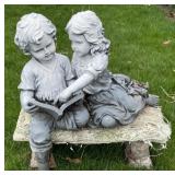 Plaster Boy And Girl Reading Lawn Statue w/ Wood