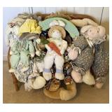Wicker Doll Bench Containing Assorted Stuffed