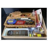 Assorted TV Remotes, Batteries, Pin Cushion, Pens