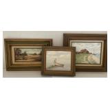 Framed Artwork Of Barn, Beach, And Boat Signed K.