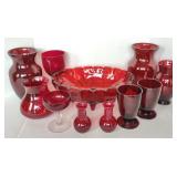 Lot of Red Glass Cups, Serving Bowls, Vases, &
