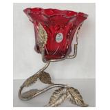 Fenton Red Glass Rose Candle Holder w/ Metal Leaf