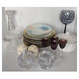 Lot of Glass/Ceramic Plates, Wine Cups, Candle