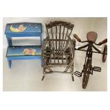 Metal And Wood Tricycle, Wood Rocking Chair, And
