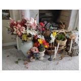 Lot of Faux Flowers, Woven Baskets, Cast Iron