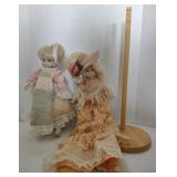 Lot of Porcelain & Plastic Dolls w/ Wooden Stand