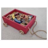 Wooden Rope Pull Wagon w/ Blocks & Puzzle Pieces