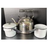 Vtg. Enamel Sauce Pans and Metal Tea KettleUp