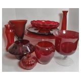 Lot of Red Glass Vases, Bowls, Cake Stand, & More