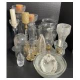 Lot w/ Glass Candle Holders, Vases, Bowls, And