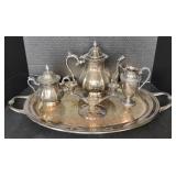 Silver Plated Tea Pot, Creamer, Tray, Candle