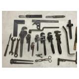 Lot w/ Pipe Wrenches, Sliding Bevels, Measurers,