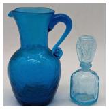 (H) Crackle glass pitcher and perfume bottle,