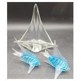 (H) 3pc hand Blown Glass decor. Sailboat and