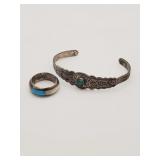 (H) Silvertone Turquoise Cuff Bracelet and Ring