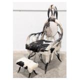 Black & White Cow Hide & Horn Arm Chair w/ Stool