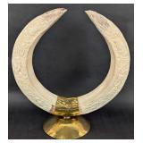 Carved African Hippo Tusk Display w/ Hammered Copp