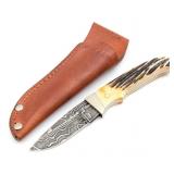 Bear & Sons Damascus and Stag Fixed Blade Knife w/